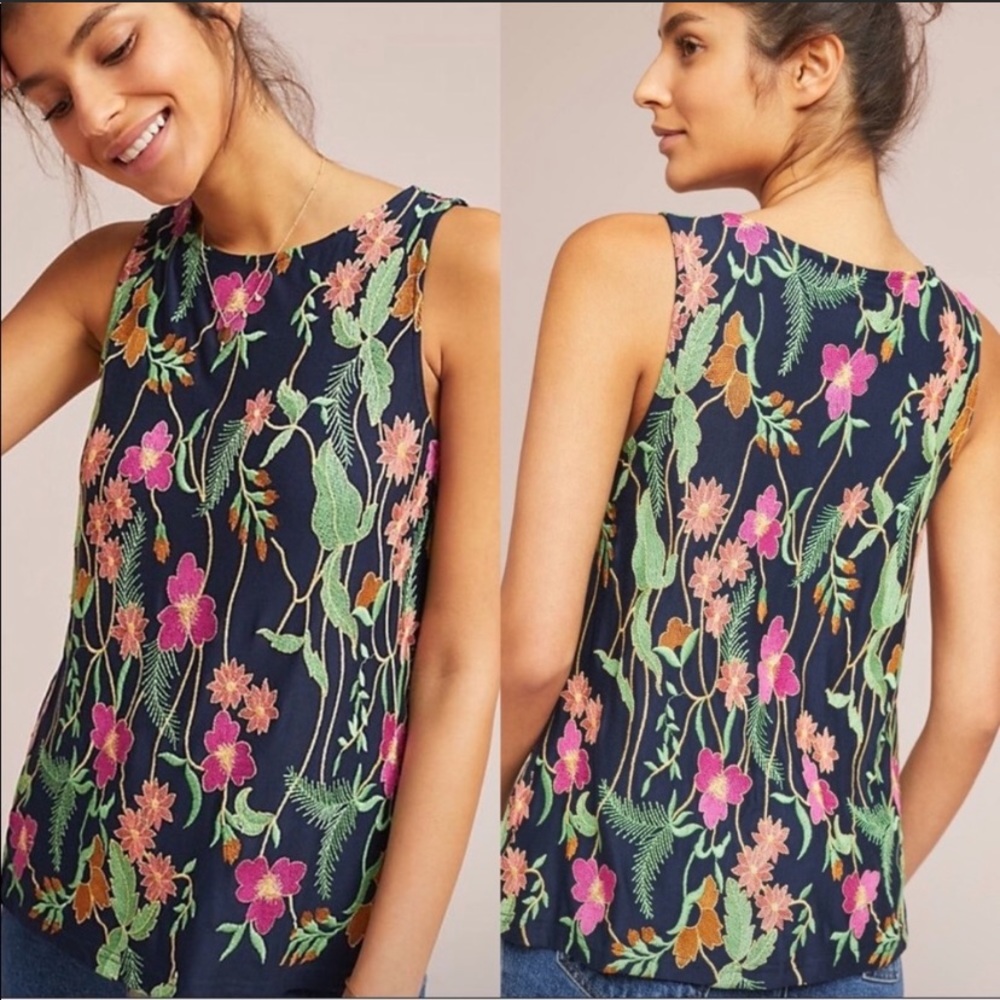 Anthro. Meadow Rue Cartagena Floral Embroidered Tank Top Size XS